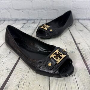 Tory Burch Open Toe Sandals Women Size 7 Embellished Black Gold Logo Flat Preppy